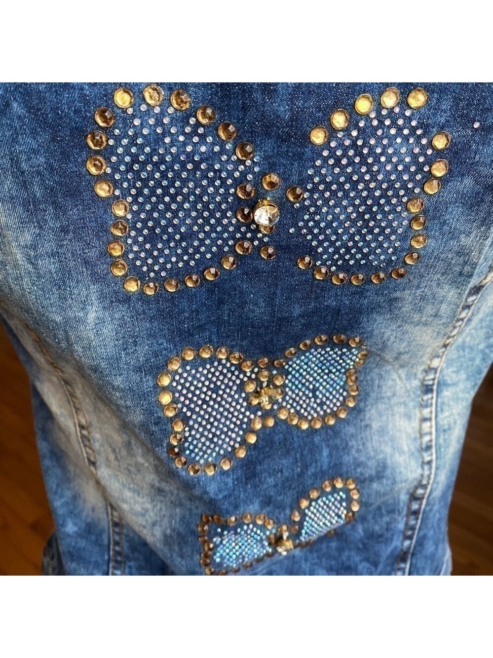 Y2k DENIM MINI DRESS EMBROIDERED BUTTERFLIES RHINESTONES MADE IN EUROPE - Picture 15 of 16